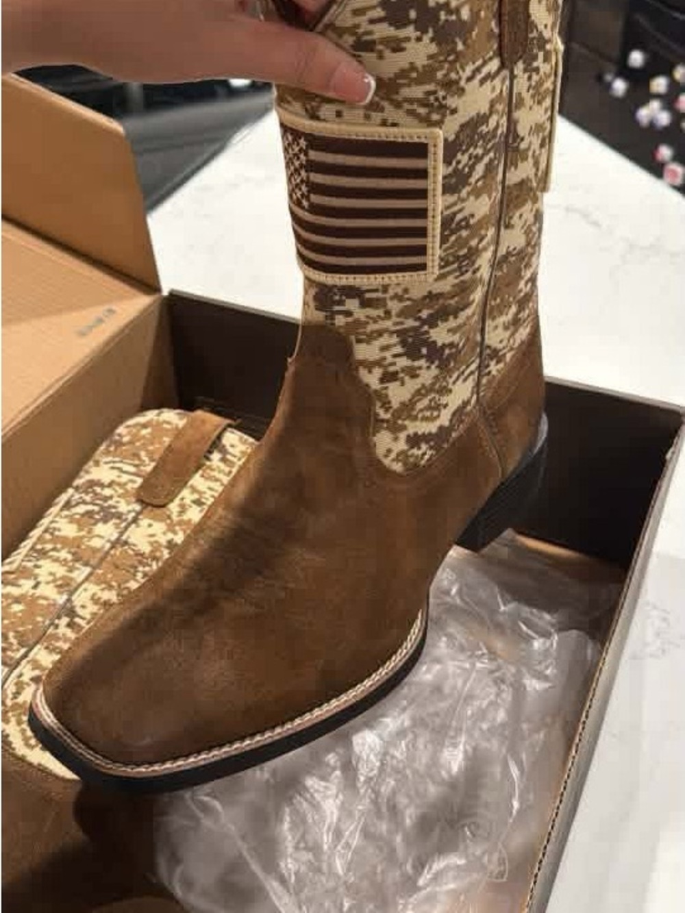Ariat Brown Suede Foot with Tan Camo Shaft Cowboy Boots